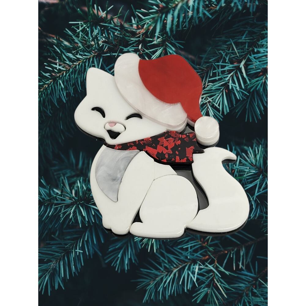 Lucite White Christmas Cat With Santa Hat Brooch Pin